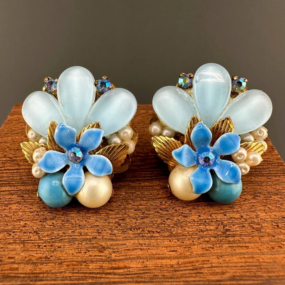 Vintage Flower Earrings Blue AB Rhinestone Faux Pearl Glass Petals Gold Tone